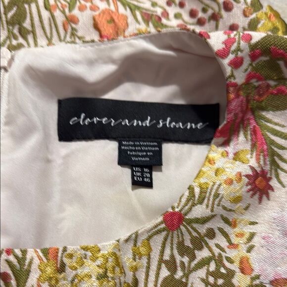 Clover and Sloane Pink Green Floral Print Jacquard Puff Sleeve Sheath Mini Dress - Picture 15 of 16